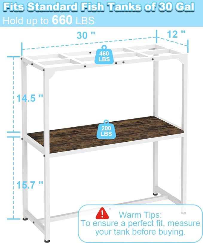 30 Gallon Fish Tank Stand, Upgraded Height Aquarium Stand Table with 2 Tiers Storage Shelf, Metal Reptile Breeder Turtle Terrarium Stand Rack for Home Office, 30" L x 12" W x 32.2" H, 660 LBS Capacity, White