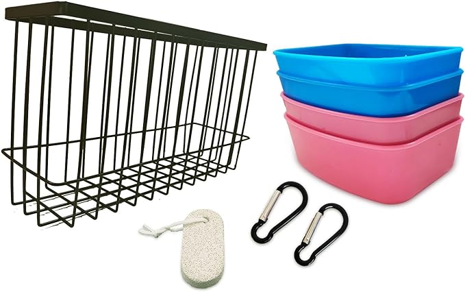 Hay Feeder for Rabbit Guinea Pig Chinchilla Small Animal Bunny Hanging Feeder for Cage Heavy Duty Metal Rack Timothy Veggie Holder (hay feeder*1 + food water cage cup *4 + Pet Teeth Grinding Stone*1)