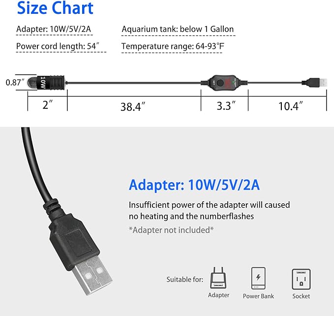 Adjustable Mini Aquarium Heater 0.5/1/2/3 Gallon Submersible Small Fish Tank Heater 10W/20W/30W Digital Display Thermostat External Temperature Controller