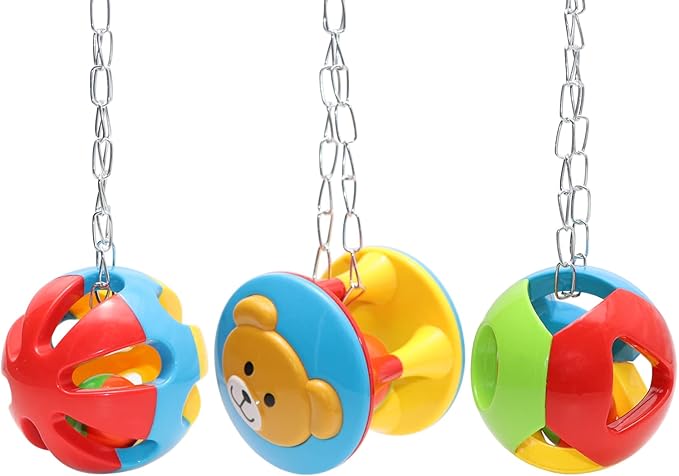 Bird Hanging Ball with Bell Colorful Chewing Treat Toy for Parrot Parakeet Cockatiel Conure Lovebird Dog Puppy Cat (3 PCS)