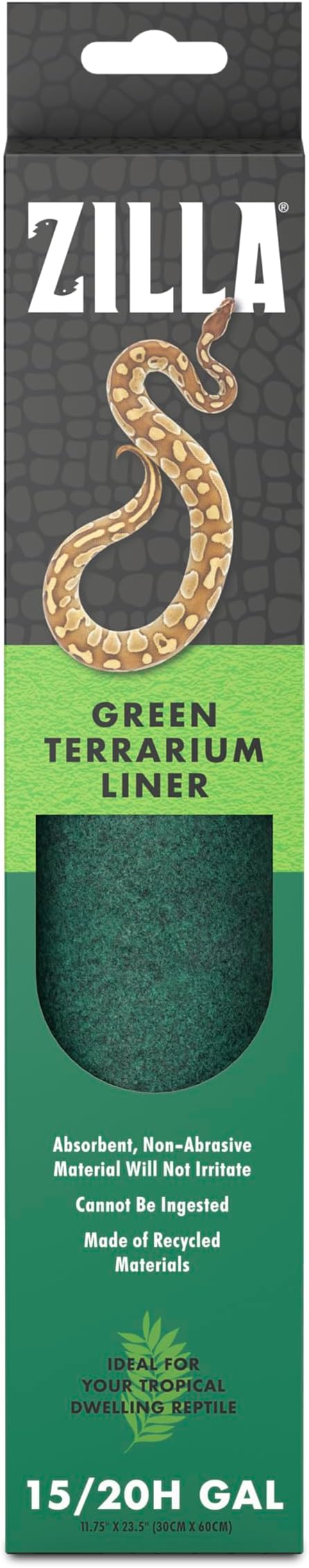 Zilla Reptile Terrarium Liner, Odor Reducing, Non-irritating, Ideal for Juvenile Reptiles and Tropical Habitats, Green, Fits Tank Size 15/20H Gallon, 11.75” x 23.5”, Package may vary