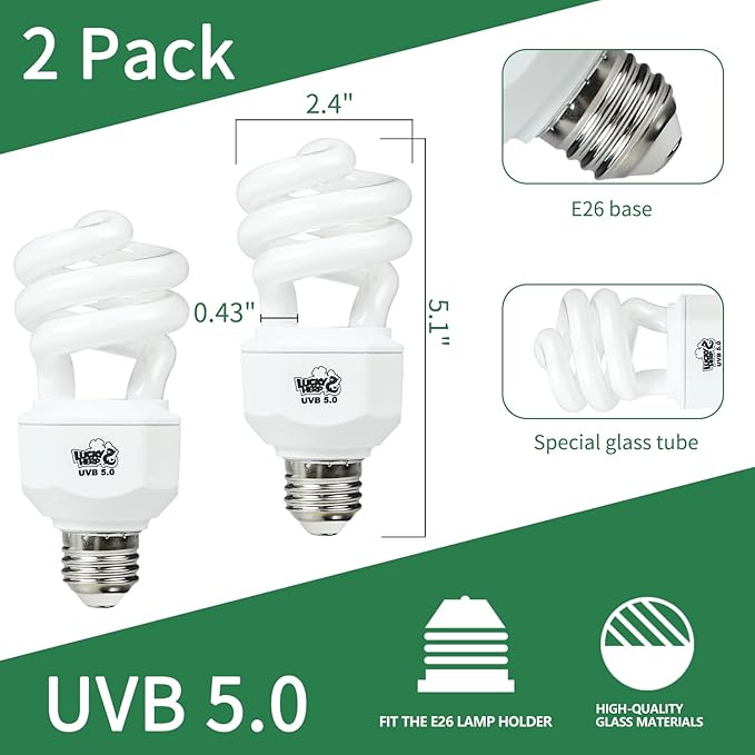 LUCKY HERP 2 Pack UVA UVB Reptile Light, 15W 5.0 UVB Bulb for Tropical and Sub Tropical Reptiles, Compact Fluorescent Terrarium Lamp, Reptile UVB Bulb for Chameleons, Lizard, Turtle