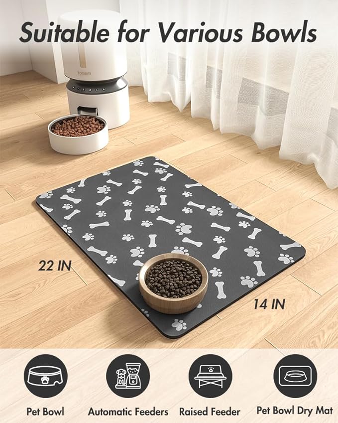 Pet Feeding Mat-Absorbent Dog Food Mat-Dog Mat for Food and Water-No Stains Quick Dry Dog Water Dispenser Mat-Pet Supplies-Dog Placemat Dog Water Bowl for Messy Drinkers (14"x22", Dark Grey)