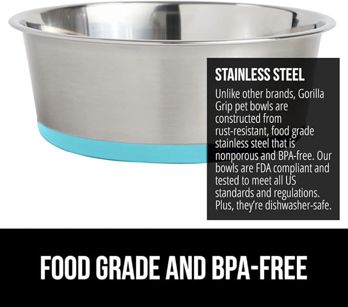 Gorilla Grip Stainless Steel Metal Dog Bowl Set of 2, Rubber Base, Heavy Duty Feeding Dishes, Food Grade BPA Free, Less Sliding, Quiet Pet Bowls for Cats and Dogs, Holds 2 Cups (16 fl oz), Turquoise