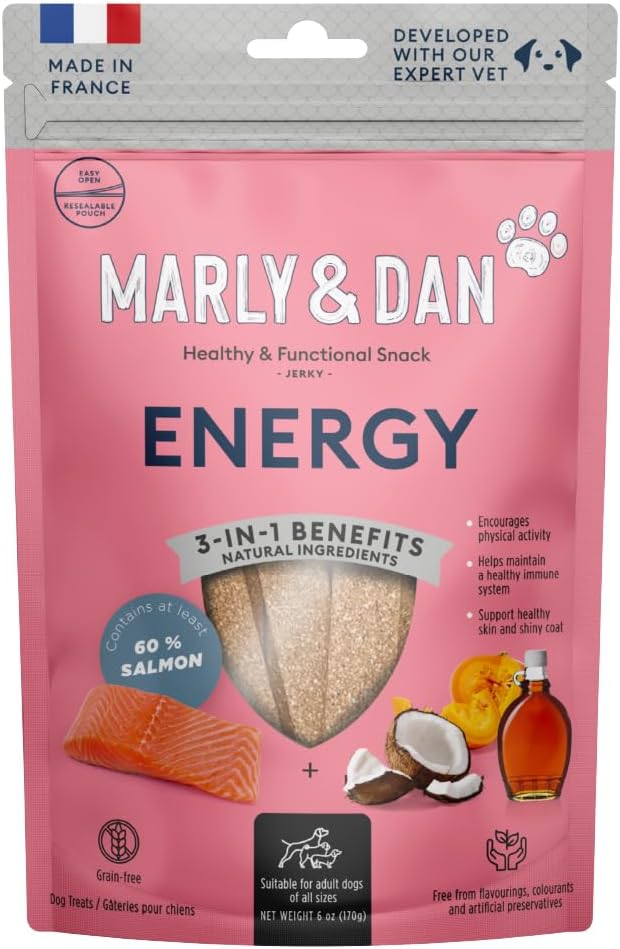 Marly & Dan Baked Salmon Jerky Snack Bar for Dogs with Sweet Potato and Pumpkin - Delicious Treats Dogs Adore, Naturally Healthy & Functional Energy Recipe, Rich in Omega 3/6, 6 oz