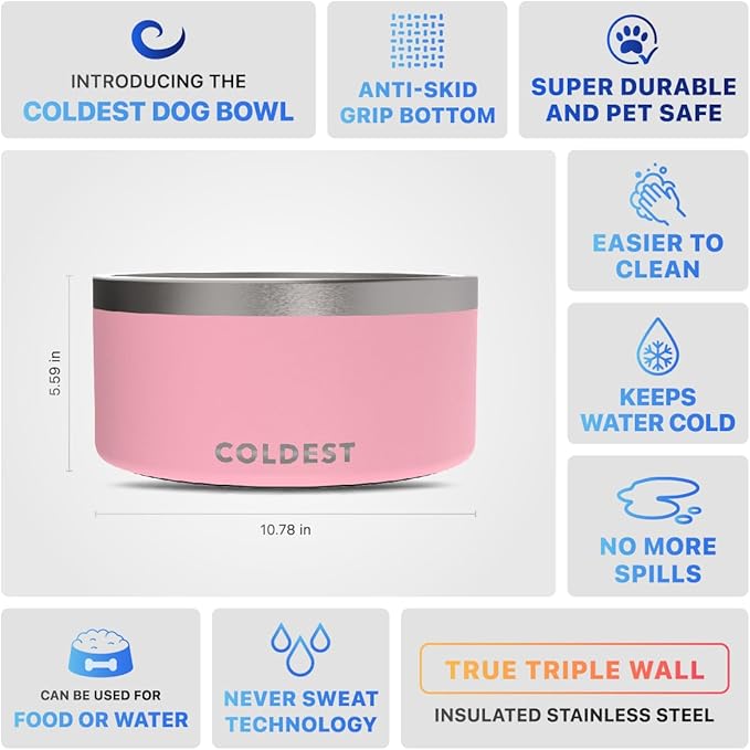 Coldest Dog Bowl, Anti Rust Metal & Non Slip Dog Bowls Large, Spill Proof Heavy Duty 3 Layers Insulated Dog Bowl, Food & Water Bowl for Dogs, Cats, Dishwasher Safe (200 oz, Cotton Candy Pink)