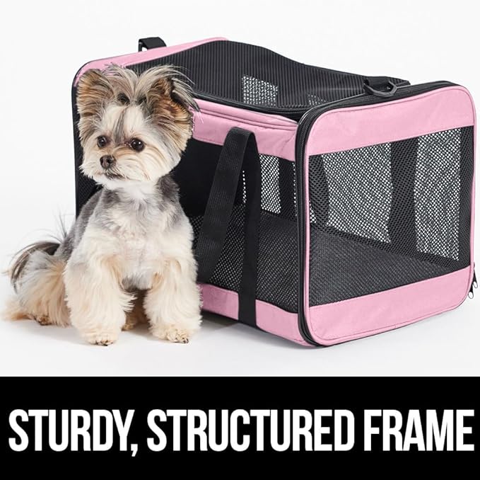 Gorilla Grip Airline Travel Cat Carrier Bag Up to 15 Lbs, Breathable Mesh Collapsible Pet Carriers for Small, Medium Cats, Small Dogs, Puppies, Portable Kennel with Soft Washable Waterproof Pad Pink