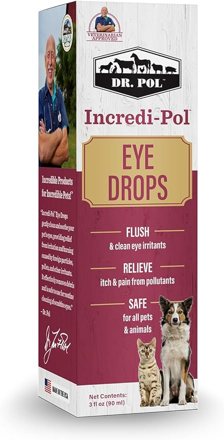 Dr. Pol Incredi-Pol Eye Drops for Dogs, Cats, and All Animals - Dog Eye Drops to Flush and Clean Away Eye Irritants - Gentle Care and Soothing Relief for Eye Discomfort - 3 Fluid Ounces