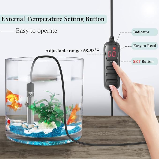 HITOP Mini Submersible Aquarium Heater - 50W Digital Heater for Fish Tank Turtle Tank 5-15 Gallon, Saltwater and Fresh Water with Temperature Controller (50W)