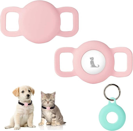 PuppyDoggy 2 Pack Airtag Holder for Collar, Dog Cat Tracker Case, Silicone Airtag Case Waterproof, Scratch-Resistant, Anti-Lost & 1 Pack AirTag Keychain Holder for Bag, Suitcase (Small, Pink)