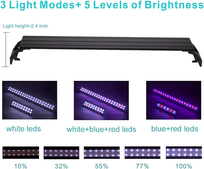 hygger 32W Full Spectrum Aquarium Light with Aluminum Alloy Shell Extendable Brackets, White Blue Red LEDs, External Controller, for Freshwater Fish Tank (46-52 inch)