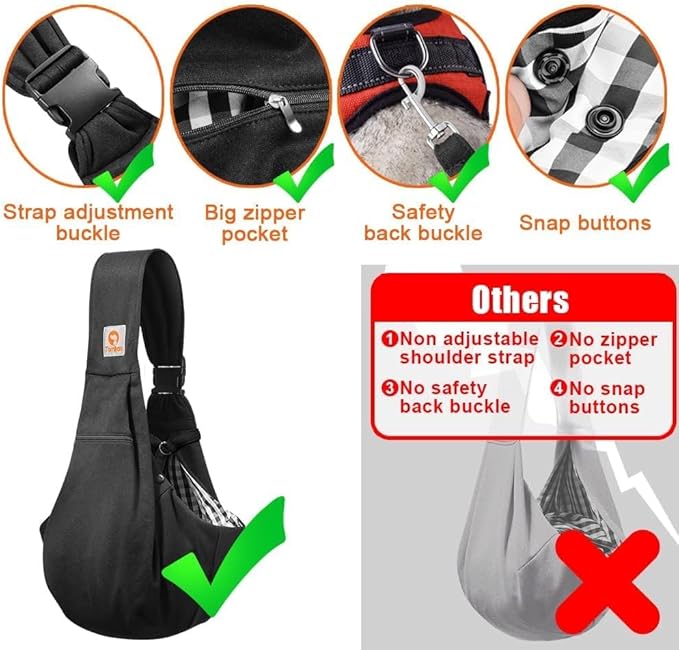Tomkas Small Dog Sling Carrier - Adjust. Strap & Zip Pocket - Suitable for Puppies (Black)