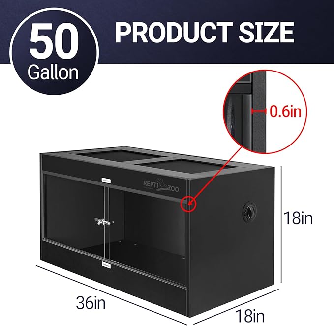 REPTI ZOO 50 Gallon PVC Reptile Terrarium, 36x18x18 Reptile Tanks Enclosure for Ball Python Snake Gecko Bearded Dragon, PVC Reptile Lounge Habitat with Glass Sliding Door & Top Screen Ventilation