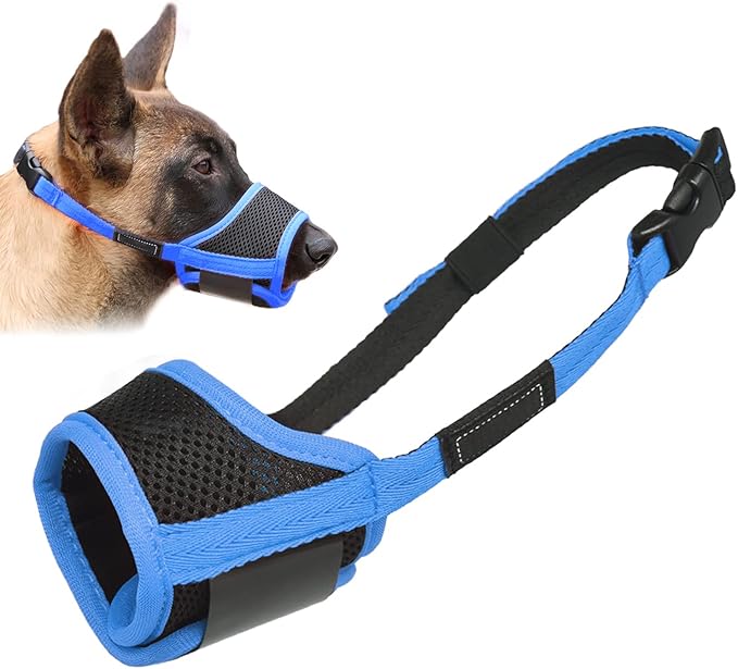 LUCKYPAW Dog Muzzle Anti Biting Barking and Chewing with Comfortable Mesh Soft Fabric and Adjustable Strap, Suitable for Small, Medium and Large Dogs(Blue Trim,XL)