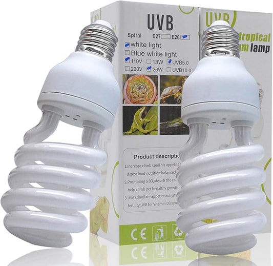 UVB Reptile Light Bulb 5.0 26W, UVA-UVB Bulbs for Reptiles Ideal for Rainforest Reptiles Bearded Dragons Lizard Tortoise Iguanas Chameleons Snake - 2 Pack