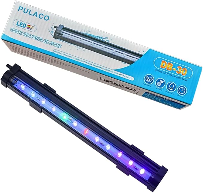 PULACO 2 Watt Aquarium Fish Tank Air Stone with Automatic Color Changing LED Light (Length -10" for Small Water Tanks) Pump