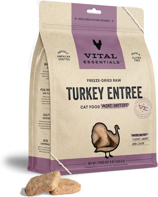 Vital Essentials Freeze Dried Raw Cat Food, Turkey Mini Patties Entree, 8 oz