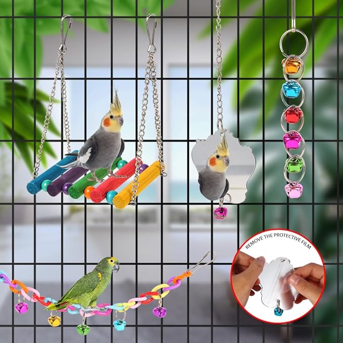 Bird Toys for Parakeets 9Pcs,Bird Wooden Ladder Bridge Parrots Toys Budgie Toys Bird Cage Accessories,Swing Hammock for Conure,Cockatiel,Love Birds, Finches, Mynah,Budgerigar