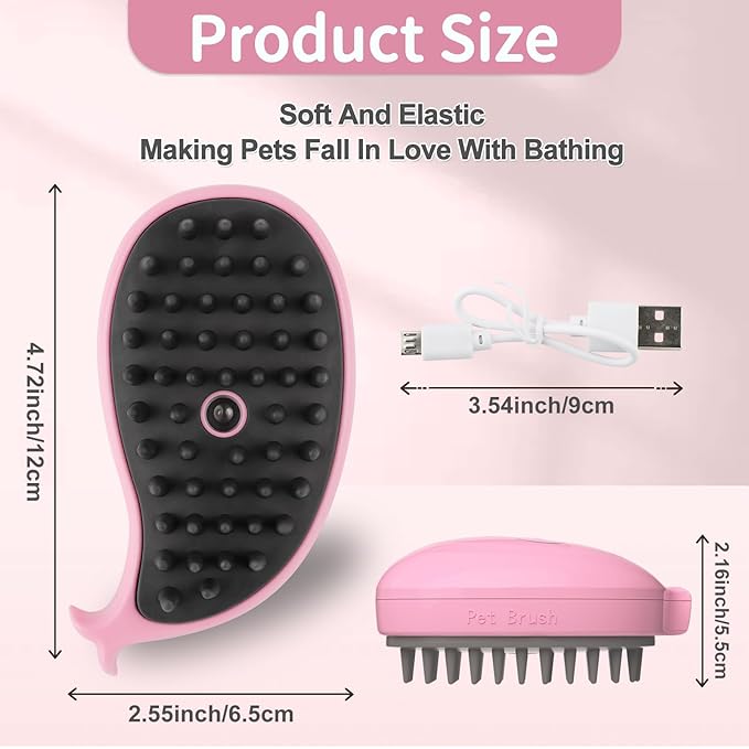 Cat Steam Brush, 3 in 1 Cat Steamy Brush, Silicone Massage Grooming Brush, Pet Hair Self Cleaning Brush Comb for Cats Dogs(Pink Whale)