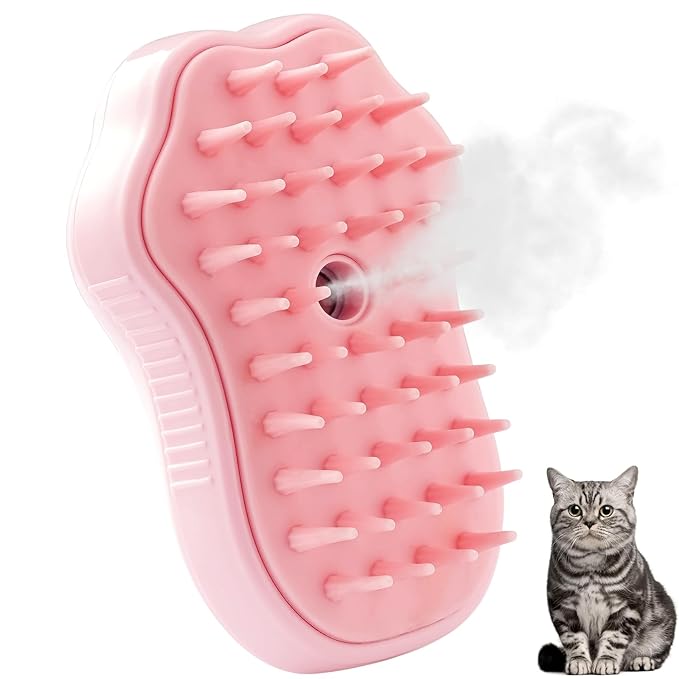 Cat Steam Brush, 3 in 1 Cat Steamy Brush, Silicone Massage Grooming Brush, Pet Hair Cleaning Brush Comb for Cats Dogs(Pink Cat Paw)