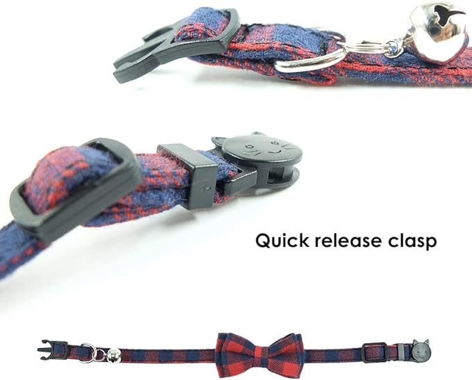 Cat Collar Breakaway with Bell and Bow Tie, Plaid Design Adjustable Safety Kitty Kitten Collars Set of 2 PCS(6.8-10.8in) (Red&Black Plaid)