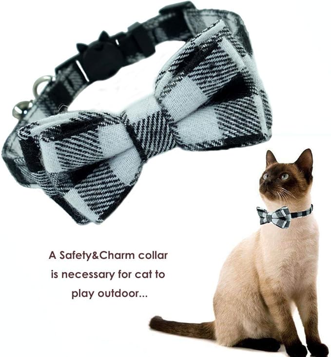 Cat Collars Breakaway with Bell and Bow Tie, Plaid Design Adjustable Safety Kitty Kitten Collar(6.8-10.8in) (Black Plaid)