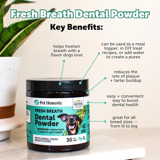 Pet Honesty Dog Breath Freshener Dental Powder for Teeth Cleaning Plaque Off, Dental Care for Dogs, Tartar Remover for Teeth with Natural Herbal Blend + Postbiotcs (30 scoops)