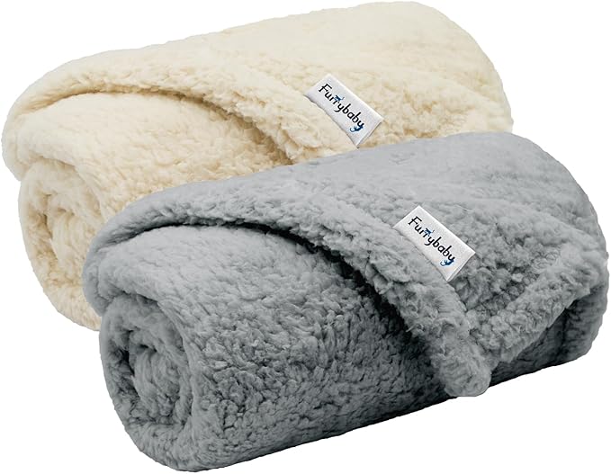 furrybaby 1 Pack 2 Puppy Blankets for Small Dogs Super Soft Premium Sherpa Pet Calming Blankets for Cat Bed Couch Car and Indoor Washable Fleece Dog Blankets(24"x32", Grey&Beige)