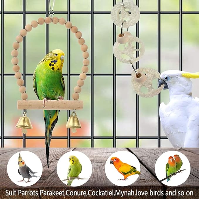 Bird Parrot Toys Swing Hanging,18 Pieces Bird Cage Accessories Toy Perch Ladder Chewing Toys Hammock for Parakeets,Cockatiels,Lovebirds,Conures,budgie,Macaws,Lovebirds,Finches and Other Small Pets