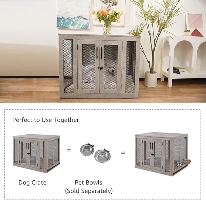 unipaws Large Dog Crate Furniture, Wooden Dog Kennel for Large Breed, Indoor Decorative Wood Dog Cage, Inside Side End Table Crate with Tray and Dog Bed, Dog Enclosure, for Dogs Up to 70 lbs