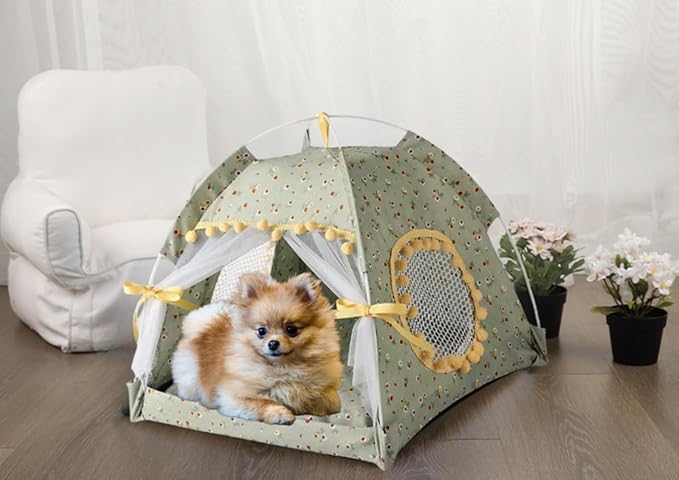 Cat Bed Tents Dog House Indoor Outdoor Lace Mesh Breathable Windows Door Curtains Removable Portable Nest Teepe House (Medium,Green&Yellow)