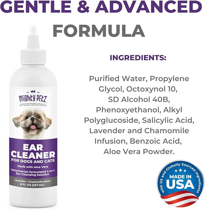 Mighty Petz Dog Ear Cleaner – Pet Ear Wash to Support Itchy, Infection Prone Ears, Yeast and Wax. Advanced & Gentle Otic Cleaning Solution. Ear Drops for Dogs and Cats - 8 oz