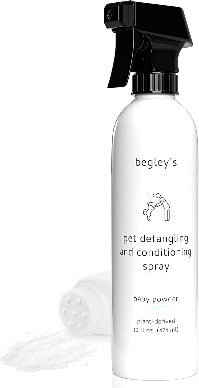 Begley's Natural Pet Detangling Spray - Premium Essential Oil Scented Detangler Spray for Dogs, Puppies & Cats - Dog Leave in Conditioner Spray - Dematting Spray for Dogs & Pets - 16 oz, Baby Powder