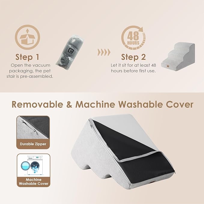 EHEYCIGA Curved Dog Stairs for Small Dogs 15.7" H, 3-Step Dog Steps for Couch Sofa and Chair, Pet Stairs for Cats, Non-Slip Balanced Pet Steps Indoor, Light Grey