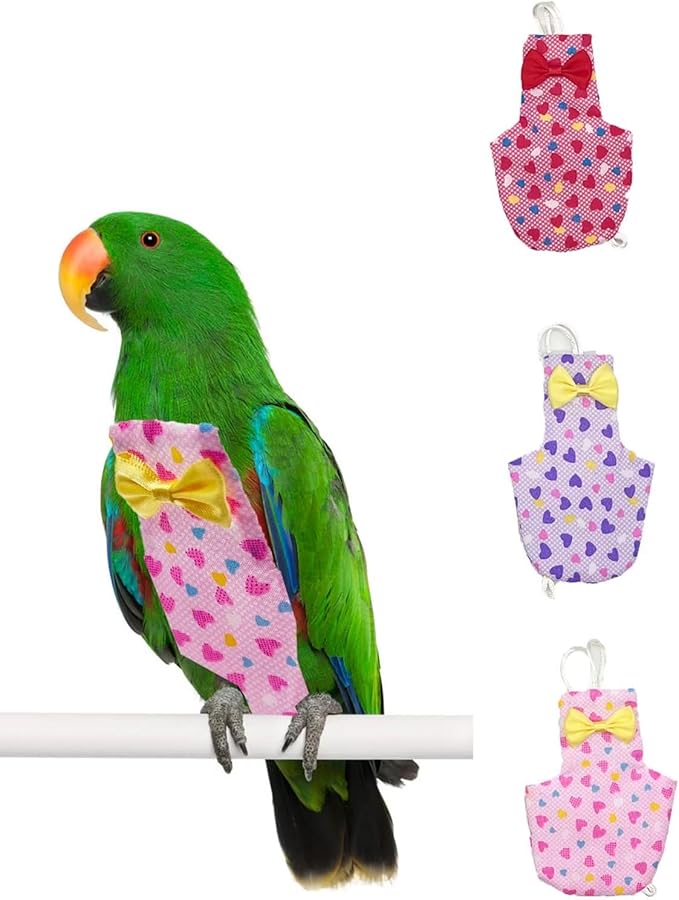 3 PCS Bird Diapers Red Heart Pattern Washable Reusable Parrots Nappy for Budgie Parakeet Cockatiel