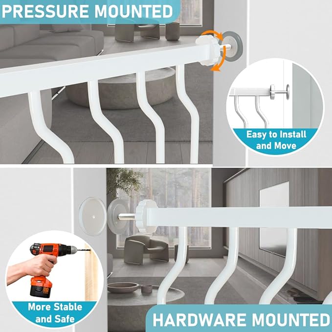 Baby Gate with Cat Door,29.5"-62" Extra Wide Pet Gates with Door Walk Thru, Auto Close Child Safety Gate for Doorways Stairs, Pressure Mounted Metal Dog Gate with Pet Door Adjustable, White