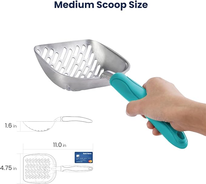 WePet Cat Litter Scoop, Aluminum Alloy Sifter, Kitty Metal Scooper, Deep Shovel with Diagonal Sifting Hole, Long Handle, Kitten Poop Lifter for Litter Box, Medium Size, Turkish Blue Handle