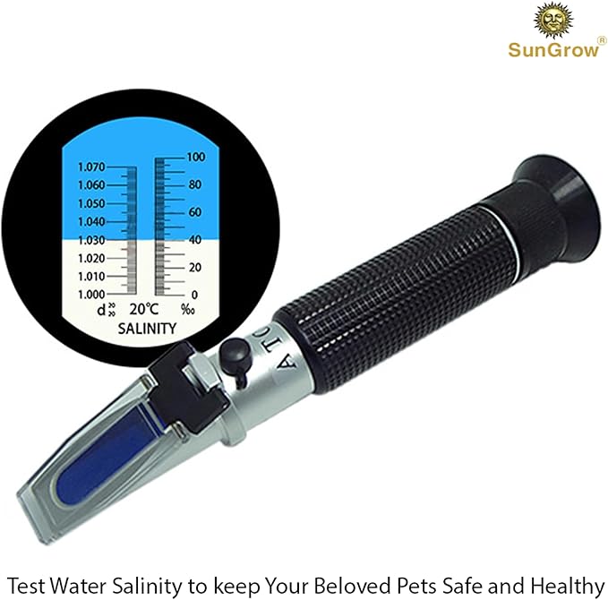 SunGrow Salinity Tester for Saltwater Aquarium, Salinometer Test Kit Refractometer Salinity Meter with Dual Range Scale, 0-100 PPT Hydrometer for Marine Fishkeeping, Reef Tank Accessories with ATC