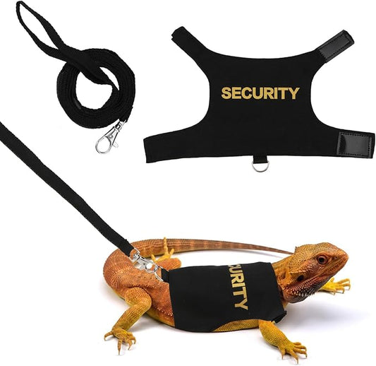 Hypeety Bearded Dragon Harness and Leah Set Adjustable Escape Proof Leash Outdoor Walking Training Leash and Harness for Bearded Dragon Lizard Reptiles Small Pets Black (Security)