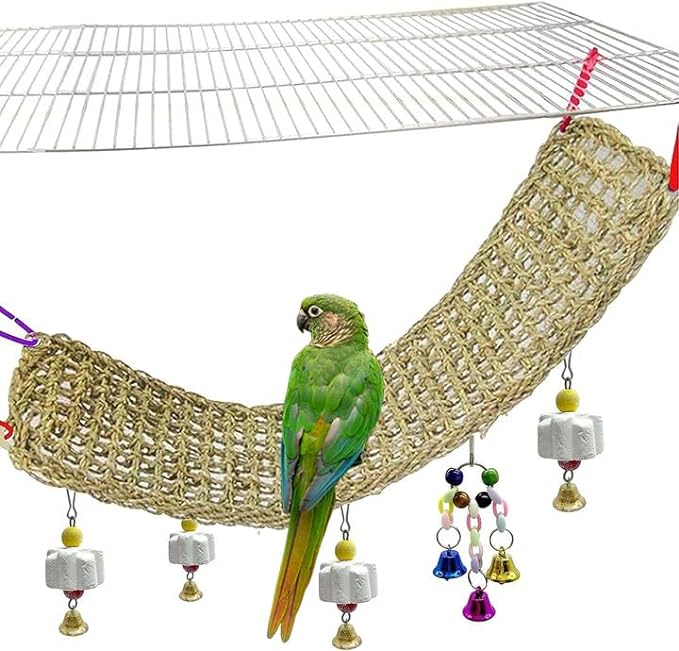 Bird Seagrass Mat,Natural Grass Woven Net Hammock Parakeet Chew Toys Trimming Cage Accessories Climbing Rope Ladder with Hooks Lovebird Cockatiel Conure Budgie,Size 28.3" X 6.7"