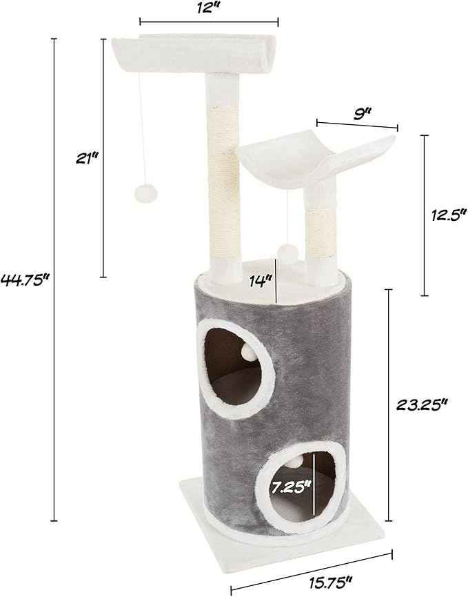 45in Cat Tree with Napping Perches, 2 Story Cat Condo, Cat Scratching Posts, and Hanging Toys - Cat Tower for Indoor Cats by PETMAKER (Gray)