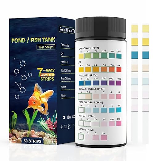 7-in-1 Aquarium Test Strips - 50 Strips Fish Tank and Pond Water Quality Test Kit for Carbonate, pH, Hardness, Chlorine, Alkalinity, Nitrite and Nitrate - Freshwater and Saltwater Testing