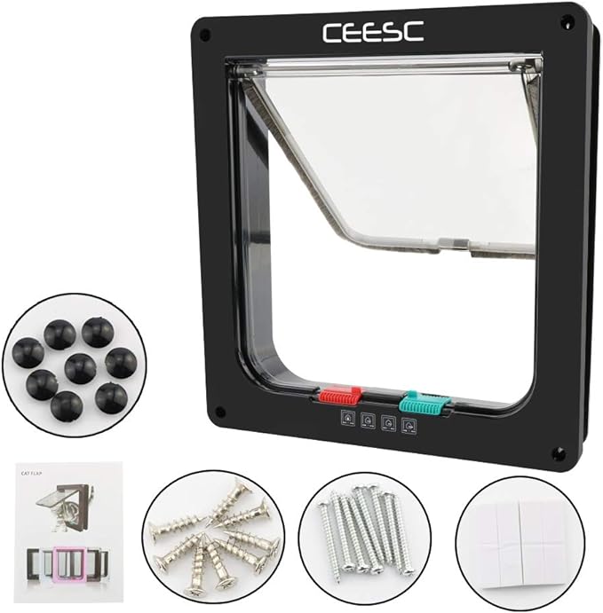 CEESC Cat Flap Door Magnetic Pet Door with 4 Way Lock for Cats, Kitties and Kittens, 2 Sizes and 2 Colors Options (L- Inner size: 7.08"(W) x 7.48"(H), Black)