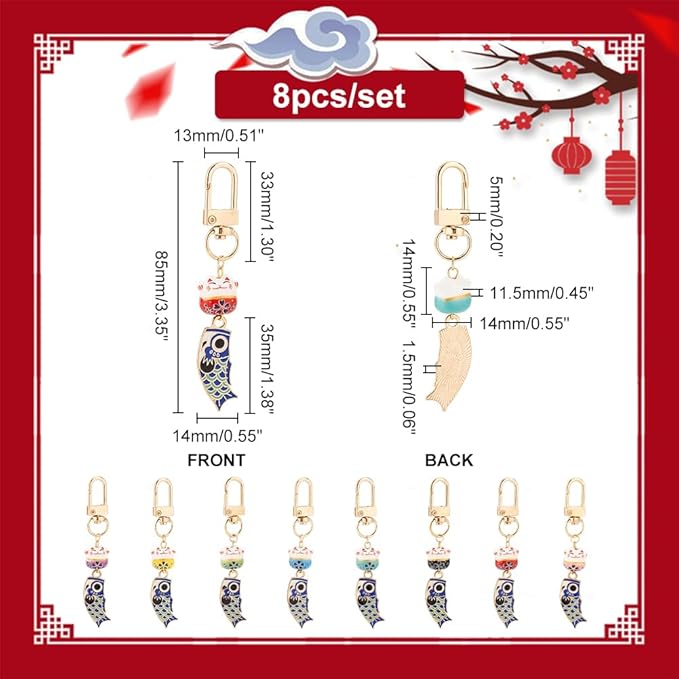 PH PandaHall 8pcs Beckoning Cat Keychains Lucky Cat Keychain Keyrings Japanese Maneki Neko Fortune Pendants Wealth Health Cat Ornament Mobile Phone Pendant for Cell Phone Backpack Wallet Christmas