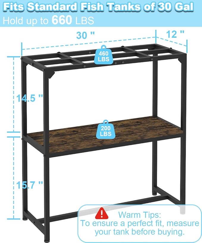 30 Gallon Fish Tank Stand, Upgraded Height Aquarium Stand Table with 2 Tiers Storage Shelf, Metal Reptile Breeder Turtle Terrarium Stand Rack for Home Office, 30" L x 12" W x 32.2" H, 660 LBS Capacity, Black