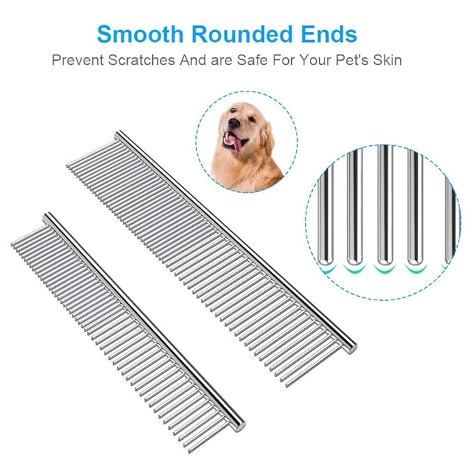 2 Pack Dog Combs with Rounded Ends Stainless Steel Teeth, Cat Comb for Removing Tangles and Knots, Professional Grooming Tool for Long and Short Haired Dog, Cat and other pets, 6.3IN/7.4IN