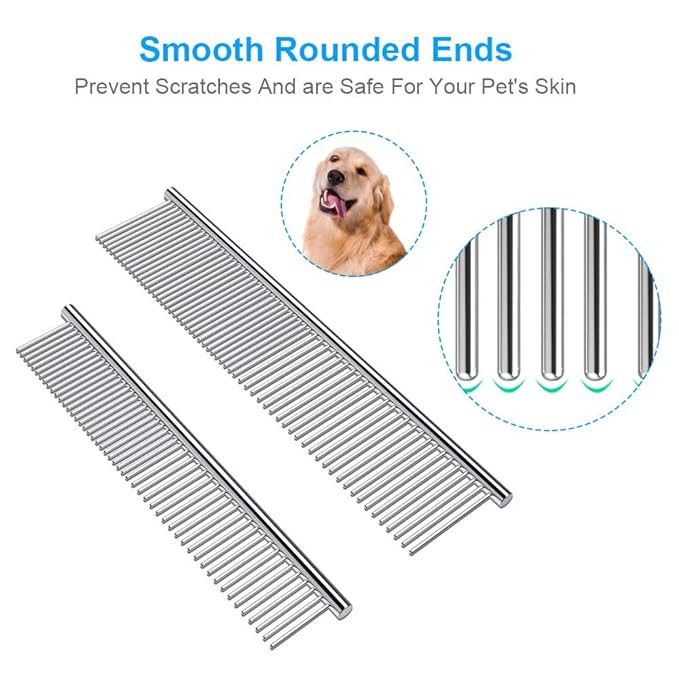 2 Pack Dog Combs with Rounded Ends Stainless Steel Teeth, Cat Comb for Removing Tangles and Knots, Professional Grooming Tool for Long and Short Haired Dog, Cat and other pets, 6.3IN/7.4IN