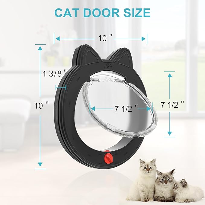 Pet Door, Cat Door for Interior Exterior Doors, 7.5" x 7.5" Inner Frame, 4-Way Locks, for Cats and Small Dogs, Easy to Install, Suitable for Interior and Exterior Doors, Black