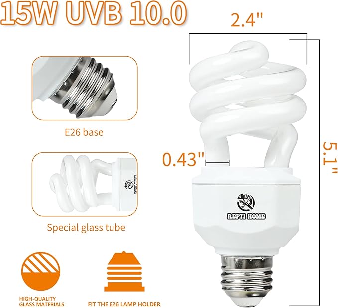 UVA UVB Reptile Light 15W 10.0,Desert Terrarium Compact Fluorescent Lamp,UVB Reptile Light Bulb for Snake,Spider,Bearded Dragon