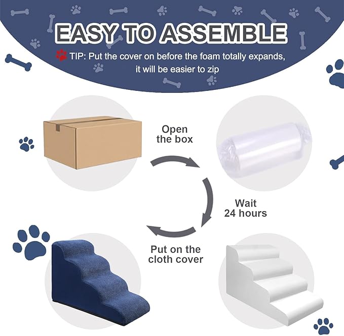 Dog Stairs Ramps for Small/Medium Dogs to High Beds and Couch, 4-Step Dog Steps with Sturdy High-Density Foam, Pet Stairs with Non-Slip Bottom for Puppy and Cat, Gifts Hair Remover Roller, Blue